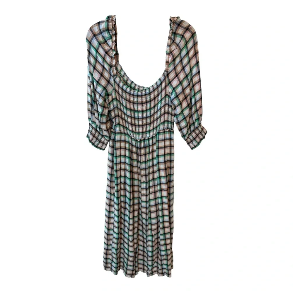 Anthropologie Maeve Cerie Smocked Midi Dress Large Petite Summer Fall Plaid NWOT - Picture 7 of 9